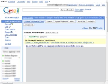 newsletter Mazda su Gmail con blocco immagini